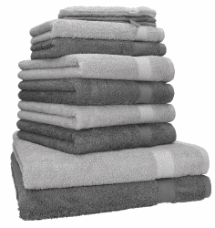 Betz 10-TLG. Handtuch-Set Premium 100% Baumwolle 2 Duschtücher 4 Handtücher 2 Gästetücher 2 Waschhandschuhe Farbe Anthrazit & Silber Grau Anthrazit & Silbergrau
