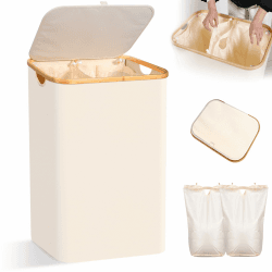CALIYO Wäschekorb, Wäschetonne mit Deckel, 156 Liter mit Henkel, Faltbarer Wäschekorb mit 2 Fächern mit Herausnehmbarer Innentasche für Waschküche, Schlafzimmer, Badezimmer-Beige 156L Beige