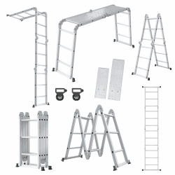 YRHome 6 in 1 Leiter Mehrzweckleiter Alu Gelenkleiter Klappleiter Steigleiter 340cm Multifunktionsleiter Aluleiter Kombileiter mit Plattformbis 150KG belastbar 4x3 Stufen Silber 4x3 Stufen - 340cm Leiter, Silber