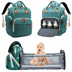 Fexkean Wickeltasche Rucksack Baby Wickelrucksäcke mit Großer Kapazität Tragbare Reisewindeltasche mit faltbarem Kinderbett mit Multifunktions Babytaschen und mobiler Wickelauflage Babybettrucksack Grün