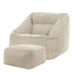 Icon Riesen Sitzsack Sessel „Morgan“ mit Hocker, Beige, Cord XXL Sitzsack Erwachsene mit Füllung für das Wohnzimmer, Riesensitzsack XXL Flauschig Cord, Made in Germany Beige Sitzsack + Hocker