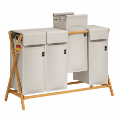 AdelDream Wäschekorb 4 Fächer 200 L Bambus Wäschesammler für Schmutzwäsche Wäschesortierer Holz Wäschebox laundry baskets Wäschesammler mit Deckel X-förmige Bambusregale (200l Hellgrau)