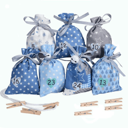 KOHMUI Adventskalender zum Befüllen, Weihnachtskalender Stoffsäckchen Selbstbefüllen Aufhängen, Selbst Befüllen Bastelset, 24 Weihnachten Geschenksäckchen, Hochwertige Blau Säckchen aus Baumwolle Grau+blau+weiß