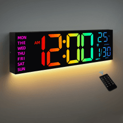 Wanduhr Digital - 8 Farben Digitale Wanduhr 16,2" Große Digitale Uhr mit Temperatur, Datum, Nachtlicht, Automatische Helligkeitsregelung, 24/12-Stunden Wanduhr für Wohnzimmer Büro Fitnessstudio Schwarz