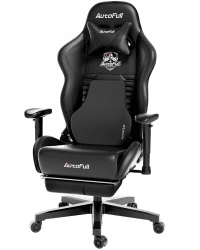 AutoFull Gaming-Stuhl, ergonomisch, Gamer-Stuhl, PU-Leder, Bürostuhl, Sitzhöhe und Neigung der Rückenlehne verstellbar, Kopfstütze und Lendenwirbelstütze, Fußstütze, Schwarz