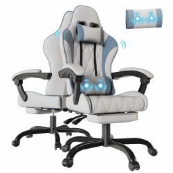 Flamaker Gaming Stuhl Stoff mit Fußstütze, Massage Computer Bürostuhl mit Linkage Armlehnen, Hohe Rückenlehne Ergonomischer PC Racing Chair für Erwachsene, Blau/Hellgrau