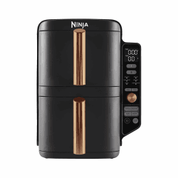 Ninja Double Stack XL Heißluftfritteuse, 2 vertikale Schubladen, 4 Kochstufen, 2 Einschübe, platzsparendes Design, 9,5 L Fassungsvermögen, 6 Funktionen, 8 Portionen, Zange, Schwarz/Kupfer SL400EUCP Gestapelte 9.5L Kupfer/Schwarz