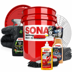 Autowäsche Set - SONAX: Autoshampoo Glanz Shampoo Konzentrat - SONAX Wascheimer mit Deckel & Schmutzfalle, Waschhandschuh mit Insekten Mesh - Autoreinigungsset Aussen Plus Ultra