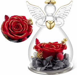Yamonic Ewige Rose Engel Geschenke für Mama,Infinity Rosen Geschenke für Frauen, Glas Engel Figur mit Echte Rosen,Geburtstagsgeschenk für Frauen,Geschenk Oma,Schutzengel Weihnachten Muttertagsgeschenk 2-rotgold