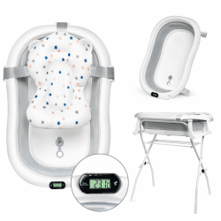 moovkee. Babybadewanne mit Gestell 80cm - Baby Badewanne Faltbar mit Thermometer und Badekissen - Babywanne mit Ständer Sicher für Ihr Baby - Babybadewanne Neugeborene Grau mit Gestell