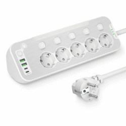 Steckdosenleiste Einzeln Schaltbar,5-fach Mehrfachsteckdose mit Schalter Tischsteckdose mit LED-Nachtlicht und Edelstahlfrontplat Ecksteckdose für Küche,Steckerleiste Überspannungsschutz 2M Kabel,Weiß