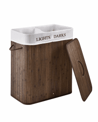 Juskys Bambus Wäschekorb Curly Braun 100L - Hygienischer Wäschekorb mit Deckel, Tragegriff & Wäschesack - 2 Fächer - Natürliche Bambus Optik