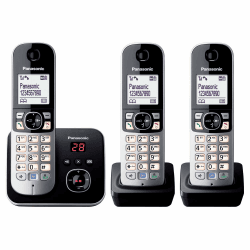 Panasonic KX-TG6823GB DECT Schnurlostelefon mit Anrufbeantworter (3 Mobilteile, strahlungsarm, Eco-Modus, GAP Telefon, Festnetz) schwarz Schwarz 3 Telefone + Anrufbeantworter Single Angebot bei HelloDeals