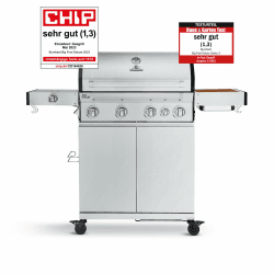 BURNHARD 4-Brenner Gasgrill Big FRED Deluxe Series 3 inkl. Backburner, 900°C Infrarot-Keramikbrenner, Seitenkochfeld, Gusseisen-Grillrost, Grillabdeckung, Edelstahl Grillwagen + klappbare Seitentische Big FRED Deluxe Series 3 - Gusseisenrost Silber