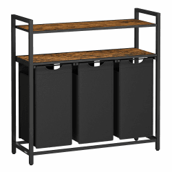 VASAGLE Wäschekorb 3 Fächer, Wäschesammler mit 2 Ablagen, Wäschesack ausziehbar und abnehmbar, pro Tasche 40 Liter, für Badezimmer, Waschküche, vintagebraun-schwarz BLH213B01 Vintagebraun + Schwarz 120 L