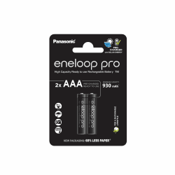 eneloop pro, AAA/Micro Ni-MH Akku, 2er-Pack, Kapazität mit min. 930 mAh, Ready-to-Use Ni-MH Akkus, bis zu 500 Mal wiederaufladbar, plastikfreier Verpackung, pro, schwarz 2 AAA Single