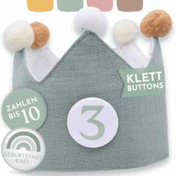 BJORKI® Geburtstagskrone Mädchen & Junge aus Musselin – Klett-Buttons mit Zahlen von 1-10 – Wendbare Krone Geburtstag Mädchen, Krone Geburtstag Junge, Krone Kindergeburtstag, Geburtstag Krone Mint