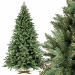 FAIRYTREES Weihnachtsbaum künstlich, Nordmanntanne Premium 220 cm, Naturgetreue Spritzguss Elemente, Made in EU, Künstlicher Weihnachtsbaum mit handgefertigtem Ständer aus Eschenholz 220 cm Nordmanntanne Premium