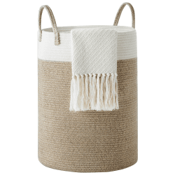 YOUDENOVA Wäschekorb Geflochten Wäschesammler Spielzeug Aufbewahrung Aufbewahrungskorb mit Griff Handarbeit Aus Baumwolle Weiß & Braun 38cm(D)x50cm(H) Weiß & Braun