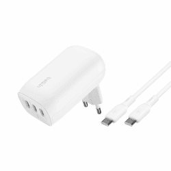Belkin BoostCharge USB-C-Ladegerät mit DREI Anschlüssen und PPS (67 W), USB-C PD 3.1-fähiges iPhone-Schnellladegerät für die iPhone 16-Serie, 15-Serie, MacBook Pro, AirPods, Galaxy, USB-C/USB-C-Kabel Ladegerät + Kabel
