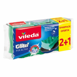 Vileda Glitzi PurActive Reinigungsschwamm, entfernt selbst hartnäckigsten Schmutz ohne zu Verkratzen, geeignet für empfindliche Oberflächen, leicht ausspülbar, Farbe grün, 2+1 Sparpack Glitzi PurActive 2+1 Pack