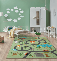 the carpet Happy Life Kinderzimmer, Kinderteppich, Spielteppich, Straßenteppich, Straße, Dschungel, Tiere, Auto, Grün, 160 x 220 cm 160 x 220 cm Dschungel-grün