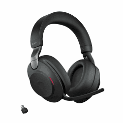 Jabra Evolve2 85 Wireless PC-Headset - Geräuschunterdrückung UC-zertifizierter Stereo-Kopfhörer mit langlebigem Akku - USB-C Bluetooth-Adapter - Schwarz Schwarz Ohne Halter USB-C Dongle Alle Plattformen