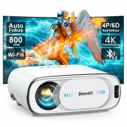 Beamer 4K KI Auto-Fokus Auto-Objektivdeckel Auto-6D Trapezkorrektur Smart Beamer WiFi6 Bluetooth Jimveo 26000L 1080P Full HD Tragbare Projector 50% Zoom,300" Display Am Abend Outdoor Beamer Heimkino Weiß