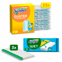 Swiffer Trap & Lock Set Mit 23 Staubmagneten Box, Nimmt 3x Mehr Staub Und Haare Im Vergleich Zu anderen Herkömmlichen Staubwischmethoden Auf (+3 Feuchte Bodentücher als Probepackung) 23 Tücher