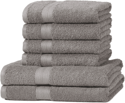Amazon Basics – 6 Stück Badetuch-Set für Badezimmer, lichtbeständig, 100 % Baumwolle, weich und saugfähig, 2 Badetücher und 4 Händehandtuch, Grau 2 Badetücher und 4 Händehandtuch Grau