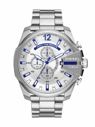 Diesel Chief Series Herrenuhr, Chronographenwerk mit Silikon-, Edelstahl- oder Lederarmband 51MM Silberton und Blau