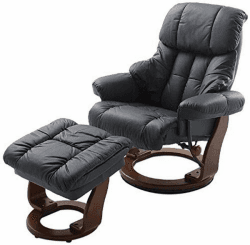 Robas Lund Relaxsessel Calgary mit Hocker, bis 130 kg belastbar, drehbarer Fernsehsessel mit Liegefunktion, Echtleder schwarz, Gestell Holz walnuss Calgary Modern Schwarz