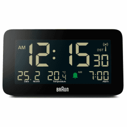 Braun Funk-Digitalwecker für die Mitteleuropäische Zeitzone (DCF) mit Datums-, Monats- und Temperaturanzeige, Negatives LCD-Display, Schnelleinstellung, schwarz, Modell BC10B-DCF.