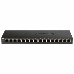 D-Link DGS-1016S 16-Port Unmanaged Gigabit Switch (ohne Lüfter, Low Profile Metallgehäuse, Desktop / Wandmontage, Plug-and-Play, 802.1p QoS, 802.3az EEE), schwarz 16 Ports| 16x 1G| Low Profile