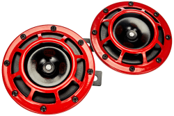 HELLA Horn - KFZ Hupe Auto - B133 SET - 2 Stück - 12V - 118dB(A) - 300 / 500Hz - Tiefton/Hochton - elektrisch - Farbe: rot/schwarz - Flachsteckanschluss inkl. Relais - 3AG 003 399-801