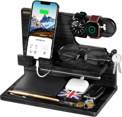 Grogife Geschenke für Männer, Weihnachten Geschenk für Papa, Herren, Ehemann, Dockingstation Holz für Brüder Opa Schwiegersohn Vater from Sohn, Nachttisch Schreibtisch Organizer Black Schwarz