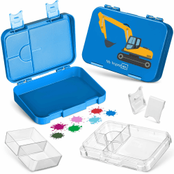 My Vesperbox – Len - Bento Box Kinder - Lunchbox mit 4+2 Fächern - extrem robust – Brotdose – Brotbox ideal für Kindergarten und Schule… (Blau - Bagger) Blau - Bagger Len 21x15x4,5cm