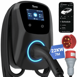Tera EV Ladegerät Smart APP mit 32A Typ 2 22kW oder 11kW Heim Ladestation 400V CE & TÜV Wallbox 7m Ladekabel mit Ladegerätehalter App-Steuerung CEE 3-Phasen Stecker für Alle EVs und PHEVs W01 Schwarz Schwarz 22kW - CEE 32A 5PIN