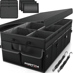 FORTEM Kofferraum Organizer, Kofferraumtasche, Zusammenklappbarer Auto Kofferraum mit Fächern, Rutschfester Boden, Verstellbare Sicherungsriemen, Klappbarer Deckel (Schwarz, Größe XL mit Kühler) Schwarz Extragroß mit Kühler