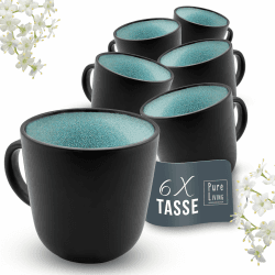 Steingut Kaffeetassen 6 Pers. Ibiza Hochwertiges Mediterranes TEST SEHR GUT Tassen Set, Spülmaschinen-, Mikrowellen- und Kratzfest - Stylisches Tee- und Kaffeebecher Set - Pure Living in Petrol Petrol Becher (6x)