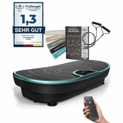 Sportstech Vibrationsplatte VP250 | Deutsche Qualitätsmarke | Curved Slim Design | Fettverbrennung & Muskelaufbau | leiser Motor mit 180 Stufen | 7+1 Trainingsprogramme inkl. Yoga | mit Bluetooth Türkis