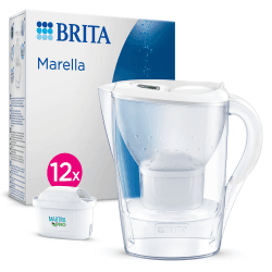 BRITA Wasserfilter Kanne Marella weiß (2,4l) inkl. 12x MAXTRA PRO All-in-1 Kartusche (Jahresvorrat) – Wasserfilter zur Reduzierung von Kalk, Chlor, Blei, Kupfer & geschmacksstörenden Stoffen im Wasser Single