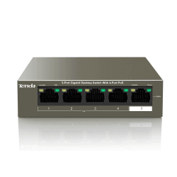 Tenda Gigabit PoE Switch 5 Ports mit 4 PoE+ Ports & 1 Uplink-Port (58W, VLAN, IEEE-802.3af/at PoE, lüfterlos, Plug-and-Play, Metallgehäuse) (TEG1105P-4-63W) PoE Switch mit Netzteil
