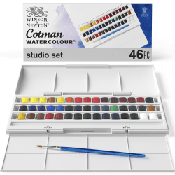 Winsor & Newton 0390471 Cotman Half Pan Studio-Aquarellfarben Set, lebendige Wasserfarben mit hoher Lichtechtheit, große Farbauswahl, Alterungsbeständig - 45 halbe Näpfe, Mischpalette, Pinsel Aquarellfarbe 45 - Aquarellfarben in 1/2 Näpfe