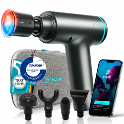 FLOW® ELITE Massagepistole. TÜV zertifizierte Qualität mit Wärme und Kälte 4 Massagestufen USB-C 12mm Amplitude Ultra leise Massagegun für Anfänger & Profis Muskel Massagegerät Muskelpistole Neon Blue
