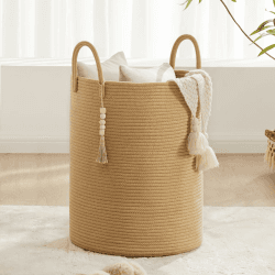 YOUDENOVA Wäschekorb Geflochten Wäschesammler Spielzeug Aufbewahrung Aufbewahrungskorb mit Griff Handarbeit Aus Baumwolle (reines Braun, 38cm(D) x50cm(H)) 38cm(D)x50cm(H) Reines Braun