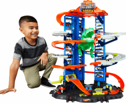 Hot Wheels Garage, Hot Wheels Parkgarage inkl. 2 Spielzeugautos, mit mehrstöckiger Autorennbahn, T-Rex Angriff und Platz für +100 Autos, Höhe: 90cm, Auto Spielzeug, Spielzeug ab 5 Jahre, GJL14 Parkgarage mit Spielzeug Dinosaurier