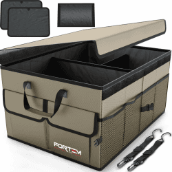 FORTEM Kofferraum Organizer, Kofferraumtasche, Zusammenklappbarer Auto Organizer Kofferraum mit Fächern, Rutschfester Boden, Verstellbare Sicherungsriemen, Klappbarer Deckel (Bräunen, Größe L) Bräunen Groß