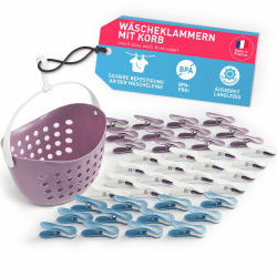 culiclean Wäscheklammern stabil ohne Abdruck Soft Clips mit Wäscheklammernkorb 40 Stück mit Wäscheklammernkorb/violett blau weiß Korb violett Korb statt Beutel Einheitsgröße 40 Stück Violett-blau-weiss mit Korb Violett und Henkel Weiss