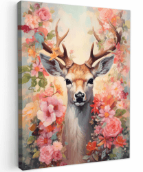 MuchoWow© Leinwand 30x40 cm Deko Schlafzimmer Aesthetic Leinwandbilder Wohnzimmer Gemälde Foto Geschenk Living Room Decoration Hirschkopf Wanddeko Hirsch Bild - Reh - Blumen - Rosa Hirsch - Rosa 40L x 30B cm